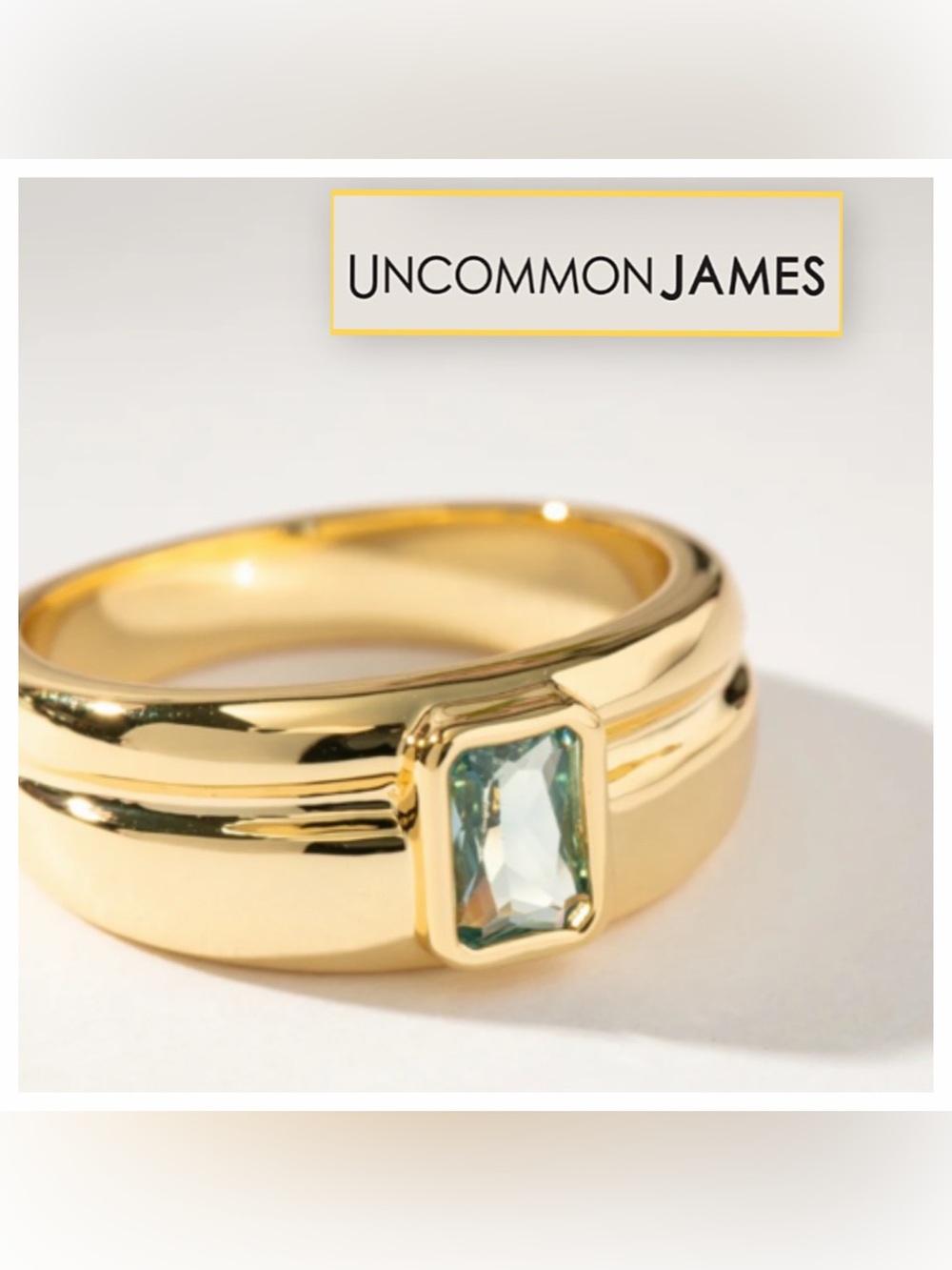 NWT Uncommon James Gold Birthstone Ring with Aqua-Blue Rectangular CZ Stone